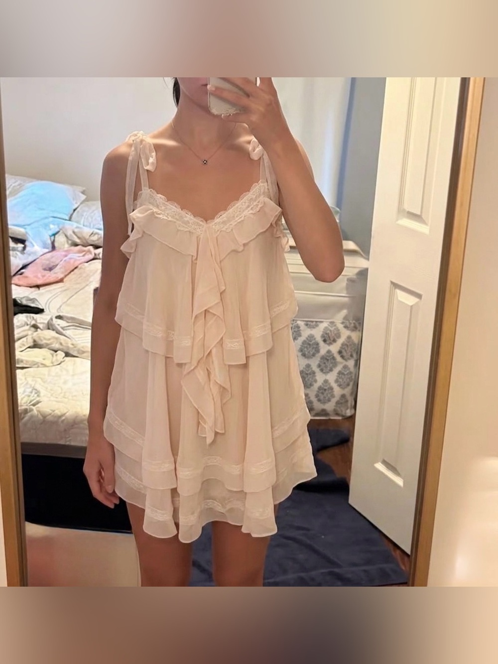 For Love & Lemons Juniper Ruffle Mini Dress in Peach / Pink